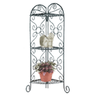 Antiqued faux-verdigris plant stand is designed to fit into any corner; three shelves provide ample room for plants or display items. 