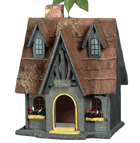 A cute wood cottage with a 2 1/8" x 2 7/8" door, this delightful birdhouse with thatch roof, chimney and flower boxes will be a welcome addition to many different birds in your garden. 