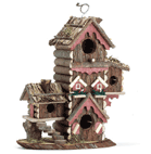 This multi-level birdhouse “condo” offers lovable lodgings for several avian households. Thatched roofs and colorful trim make this a happy holiday retreat! 