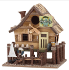 Feathered friends can weather the storm in this wooden “yacht club”, complete with straw roof, wooden dock and quaint nautical knicknacks. 