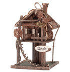 Welcome birds to your “neck of the woods” with this fantastic wooden way-station, trimmed with twisty twigs, pinecones and a darling rough-hewn ladder. 