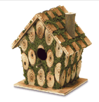 This is "knot" your ordinary birdhouse! Charmingly constructed of bits of knotty wood and richly trimmed with bright green faux-moss, this crafty little cottage brings whimsical homespun fun to your garden. 