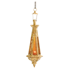 Spark an aura of Moroccan magic when you hang this distinctive antique-finish lantern! Candlelight glimmers through patterned panels of pressed amber glass, giving this lovely lamp the look of a treasure fit for a sultan's palace!