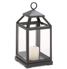 Squared glass-paned lantern gets geometric appeal from a simple silhouette and classic matte-black finish. Safely houses a stately pillar candle for hours of enchanting light!