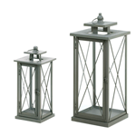 Make a big style statement with this stunning and unique candle lantern. Four glass panels are held by decorative metal framework and topped with a finial and hanging loop.