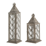 You'll admire this gorgeous candle lantern day and night, with and without light. The antiqued pewter-like finish of the metal frame is highlighted by the intricate cutout patterns on the top and all four sides. Clear glass panels let the light of your candle shine through.