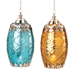 Channel the color of sun-soaked days and dewy nights on the Mediterranean coast with this gorgeous hanging candle lantern. The patterned glass is swathed by intricate silver-tone filigree and dangles from a luxe silver-tone chain to inject exotic flair into any space.