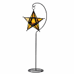 Set the night aglow in amber light. A five pointed star is suspended in air from its wrought iron floor stand, adding a soft, celestial scene to your décor.