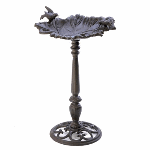 Nostalgic, free-standing bird bath is fashioned from weathered finished metal for instant antique appeal. Charmingly crafted with an elegant scrolled base, ornamental leaf basin and ornamental birds for whimsical style. 