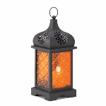 Like a temple tower at sunset, the pressed glass panels of this metalcraft lantern blaze with a mystical desert glow. Simply set a candle inside to set the scene for after-dark magic!