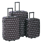 Stand out from the crowd wherever your journey takes you! Fashion meets function in this roomy three-piece luggage set with splashy all-over skull and crossbones pattern; pull-out handles and wheels make travel a breeze. A vacation from ordinary boring accessories! Includes large, medium and small rolling zippered cases. Grip handles on both sides.