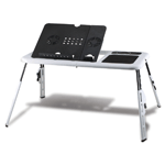 Work on your laptop in comfort and style, anywhere you please! Lightweight folding table securely supports your portable computer, with cooling fans, mouse pad, drink holder and pen holder built right in. A must-have for any power user! 