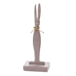 This wooden rabbit decor is a hippity-hoppity charming way to decorate for Easter, or to add a little whimsy to your everyday decor. Standing on a block base , his smile shape and design is highlighted by a neutral flower on his neck.