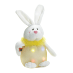 This cute bunny is ready to celebrate with you! Adorable white plush rabbit features a yellow body and feathery collar, and his body lights up with a rainbow of colored lights.