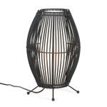 Dramatic lighting will fill your room when you set this stunning lamp on your end table. Black metal slats bend gracefully to form a stunning framework to hold a neutral shade.