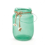 You could sail the seven seas and never find a more charming waterfront accessory for you home. This green glass canning jar is decorated with a natural twine bow finished with two delicate seashells. A metal wire handle makes the decorating possibilities endless! 