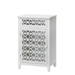 Dont hide your beautiful things! This gorgeous cabinet features two shelves and a pullout drawer to keep your precious possessions orderly, but their fantastic die-cut floral faces make this unique storage cabinet a show-stopping showcase of great design. The white-painted wood will brighten your bathroom or make your bedside cheery! 