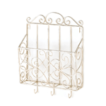 Keep magazines, todays mail or your daily must-haves organized with this pretty vintage-style wall rack. The scrolling metal frame is painted in weathered white, and the rack features three small hooks at the bottom perfect for hanging your keys, umbrellas, and more. 