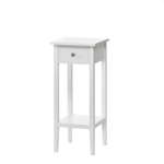 This slim accent table will fit in the narrowest of nooks to make it more functional. The single pullout drawer is highlighted by a brassy metal knob and the table features a lower shelf for additional storage. The white finish will brighten a dark corner, especially when topped with a table lamp!