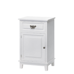 Whether at your bedside or in the living room, this stately storage cabinet will give you ample storage space while amplifying your rooms style. A pullout drawer on top features a classically ornate pull, and the cabinet below features two shelves and a simple knob. Its fresh, white finish is like a breath of fresh air for any decor! 