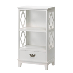 Youll adore your decor when you add this charming and captivating Lattice Cutwork Cabinet to your home. The wooden framework features decorative cutouts, two display shelves, and a pullout drawer with an fanciful pull. With bright white paint, it will be the bright spot in your home, showcasing your great style and taste! 