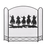 Five cowboys are about to finish their work for the day, riding fast and rounding up their livestock, which is artistically rendered on this rustic fireplace screen. The mesh center panel features this cowboy scene that will be beautifully backlit by the flickering flames in your fireplace. 