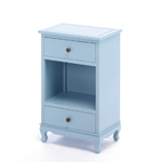 The gentle, calming misty blue of this elegant side table lends a breath of fresh air to any space. This classic side table features two pullout drawers, a center display shelf, and handsome details that will splash your bedroom or living room with style. 