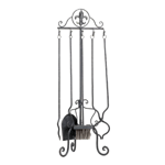 Five handy fireplace tools hang from this rustic iron frame, topped with a decorative fleur-de-lis ornament. The tools will help you keep the fire burning inside your fireplace and clean up when needed. The set includes poker, brush, log lifter and shovel. 