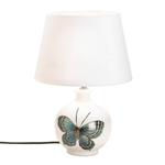 A beautifully drawn and artistically colored butterfly adorns this curvaceous white ceramic table lamp. The soft white shade defuses the bright light from the bulb within to create a warm, welcoming ambiance.