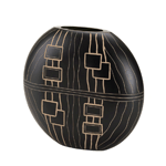 This decorative vase mixes modern form with a tribal design thats truly museum quality. The sleek black rounded vase is etched with a pattern of flowing lines and substantial squares. 