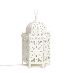 Enjoy the beauty of a candle lantern with the flick of a switch instead of a strike of a match! This Moroccan-style lantern features a single bulb inside that will light up the intricate cutouts in the white-painted metal frame.