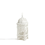 Simply gorgeous! This tall lantern lamp will shine bright in your living space, casting beautiful glow and fascinating patterns. The white metal framework features intricate cutouts, and inside youll discover a single bulb that lights up with the flip of the switch. Set it on your tabletop or mantel for stylish shimmer.