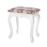 This pure white wooden stool, with a dash of romance built into the curved legs, is topped with a gorgeous cushion that will complement your room. The fabric features lively pink roses and delicate yellow flowers, all set on a neutral background. Its a treat to rest your feet or a pretty perch to have a seat. 