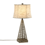 Modern meets vintage in this fantastic lighting accent that will fit into any decor. The metal base features a weathered pedestal and its matching shade is imprinted with vintage handwriting and pretty ornaments.