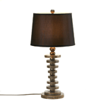 Illuminate your room with breathtaking style with this handsome table lamp. The wooden base features layers of carved wooden discs, and the chocolate brown shade will complement just about any decor. 