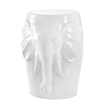 Beauty and function, this ceramic stool has it all! Gleaming white ceramic features an artistic elephant bust. It works indoors and outdoors, and can be used as a set, an accent table, a footstool and beyond!