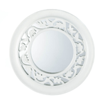 Make your space appear larger and more stylish with this striking wall mirror. The white round wooden frame features a cutout leaf pattern that lets the mirror peek through from behind. This is the perfect finishing touch for over your mantel or hall table. Saw tooth on back for hanging. 