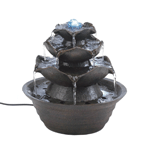 Turn any room into your homes center of calm, peace, and tranquility with this gorgeous tabletop fountain. The soothing sound of gently cascading water flows over stone-like lotus blossoms and into the basin. Submersible water pump included.