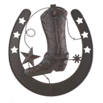 Add some Western style to your wall with this cool cast-iron cowboy decor. A classic cowboy boot with spur rests inside a large horseshoe, surrounded by stars and a little bit of barb wire. 