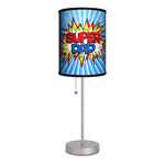 He may not be faster than a speeding train or stronger than 10 men, but that doesnt mean Dad isnt a super hero! This slim table lamp features comic book-worthy pop art on its shade that tells the world a Super Dad lives here. Pull the stainless steel cord to illuminate the room at the speed of light!