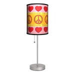 A groovy room deserves a groovy lamp! This slim stainless steel table lamp is topped with a charming shade with big hearts and peace signs on a pink, orange and yellow background. Spread peace and love across your room simply by pulling the stainless steel cord!