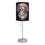 Man cave, garage, den or bedroom, this lamp will light any room up with masculine style. The black shade features a vintage illustration of a skull and two pistons and reads Hollywood Hot Rods, Respect Tradition. The slim design of the stainless steel base lets you add this cool lighting accent just about anywhere. 