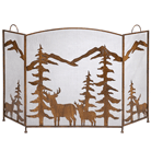 Magnificent metalwork fire screen features cutout silhouettes of deer and mountains; absolutely magical when backlit by firelight!Weathered bronze finish gives this the instant appeal of a well-loved antique. Three-part folding design with mesh screen.