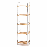 A sleek, squared curio shelf becomes a functional work of art, thanks to gleaming chrome framework and five natural bamboo slat shelves. A striking showplace for your favorite items!