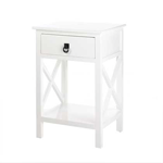 Brighten your room with this classic coastal-inspired side table. Lacquered finished in white, this sleek and handsome furnishing features a pullout drawer for storage, highlighted by a contrasting metal pull, and a bottom shelf that can be used for additional storage or display.