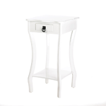 This sleek accent table attests to your outgoing design style while complementing your current décor. Curved legs highlight the lower shelf, and the scalloped tabletop is striking with or without anything displayed on it. The table, lacquered finished in white, also features a pullout drawer with a dark metal ring pull. 