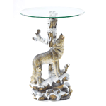 Beside the birch-trunk base of this glass-topped table, a mother wolf calls out her homage to the moon as her cub looks on. A breathtakingly beautiful glimpse into the world of the wild frontier, captured here forever in this amazing work of art. Marvelously detailed and carefully crafted to amaze and delight! 