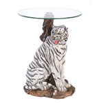 A rare white tiger is captured in all his beauty and might, forming a stunning sculptural base for a furnishing of singular distinction. Each detail of this stately statue is lovingly rendered for absolute lifelikeness. 