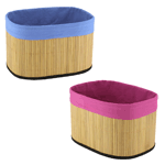 Storage space and style is what youll get with this neat bamboo basket that features a vibrant pink or cheerful blue fabric lining that folds over the top. Youll discover a myriad of uses for it around your home. 