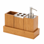 Chic, modern and eco-friendly— those are just a few of the perks of this winning trio! Handsome bamboo water cup, soap dispenser, toothbrush holder and tray make a stunning addition to your bathroom countertop.